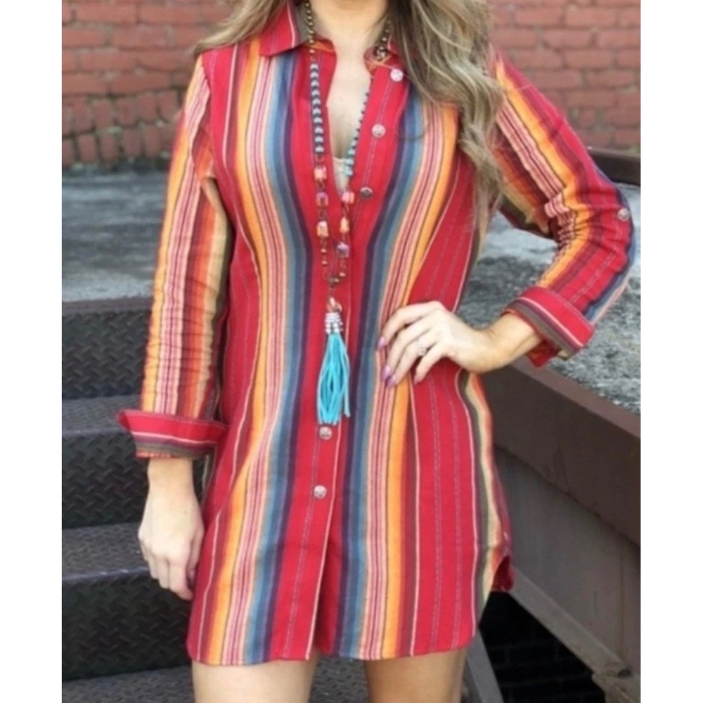 L&B Lucky & Blessed Womens Serape Stripe Button Tunic‎ Shirt Dress Size M Red